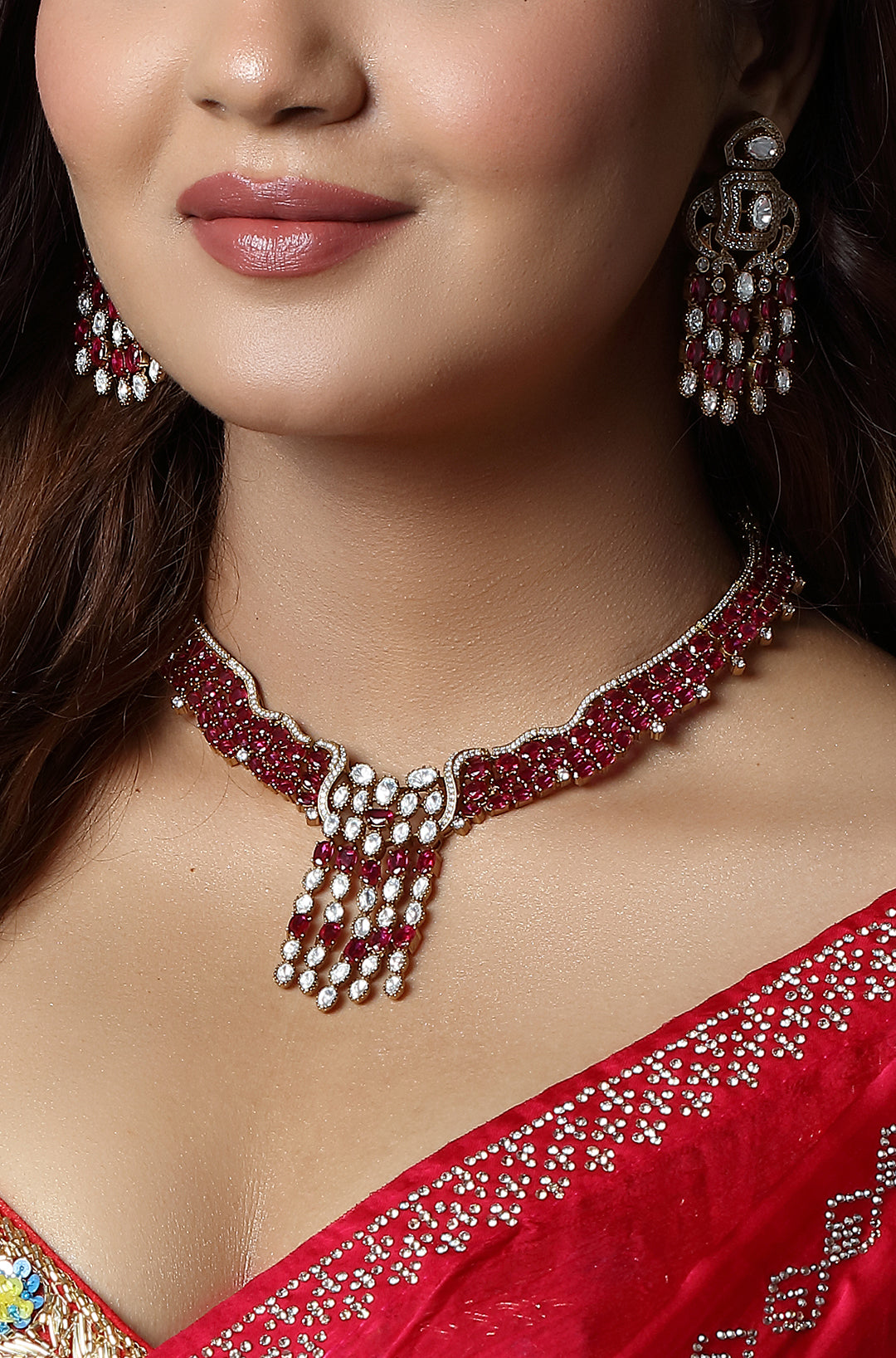 Ruby Cascade Polki Drop Choker Set