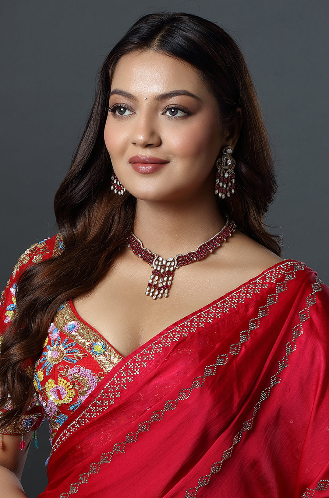 Ruby Cascade Polki Drop Choker Set