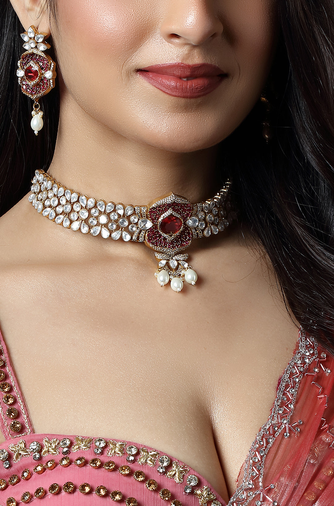 Ruby Bloom Polki Pearl Drop Choker Set