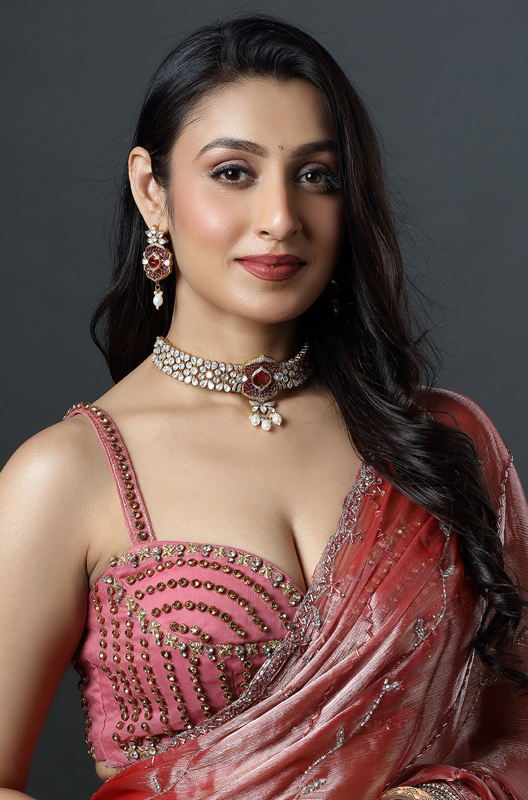 Ruby Bloom Polki Pearl Drop Choker Set