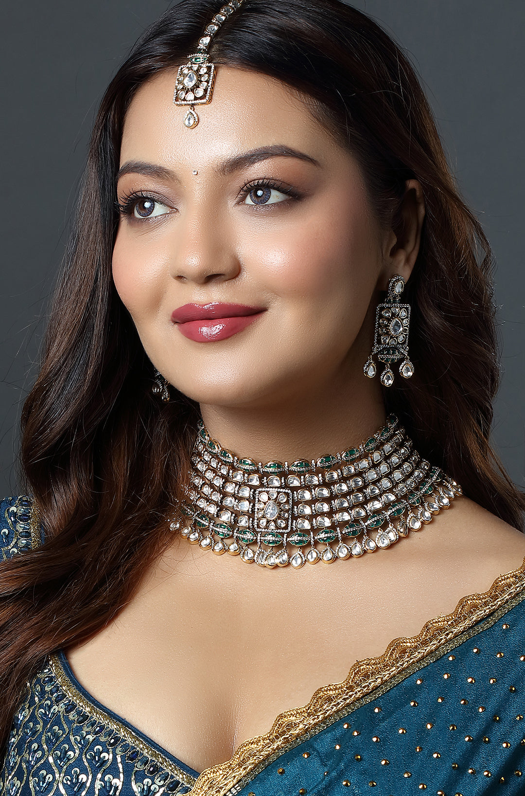 Emerald Royale Polki Bridal Choker Set with Maang Tikka