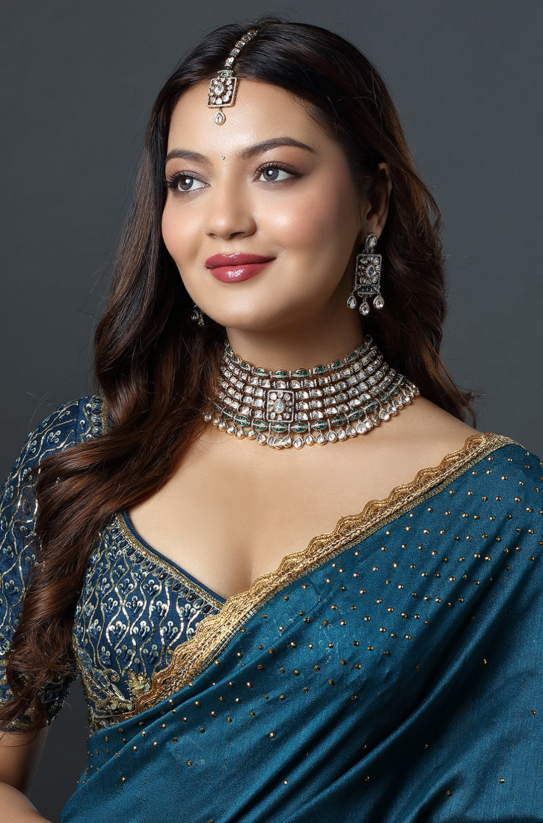 Emerald Royale Polki Bridal Choker Set with Maang Tikka