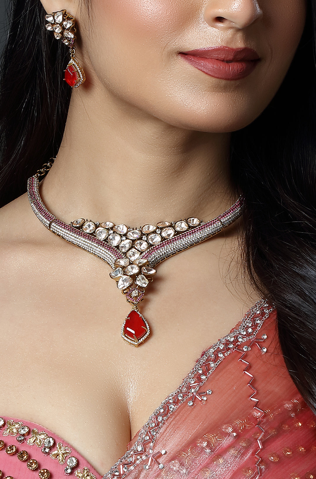 Ruby Drop Polki Elegance Necklace Set