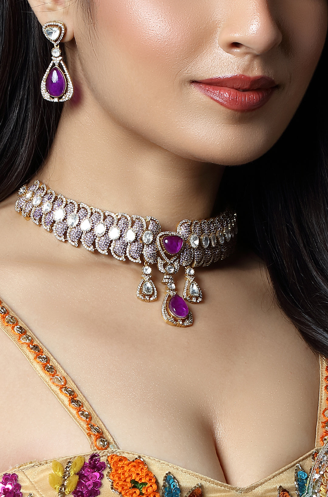 Amethyst Royale Cascade Polki Choker Set
