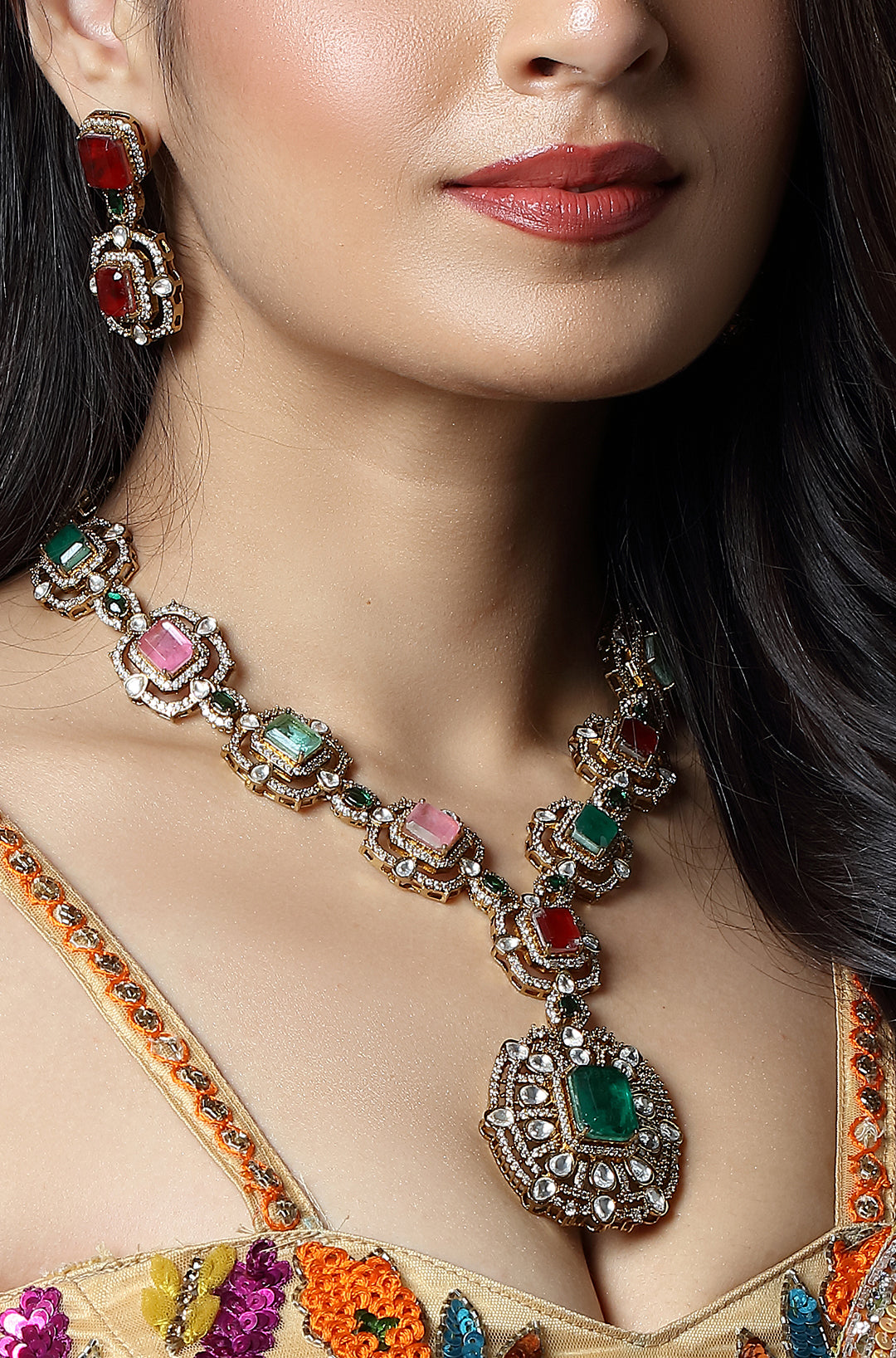 Trinity Gem Polki Heritage Pendant Set