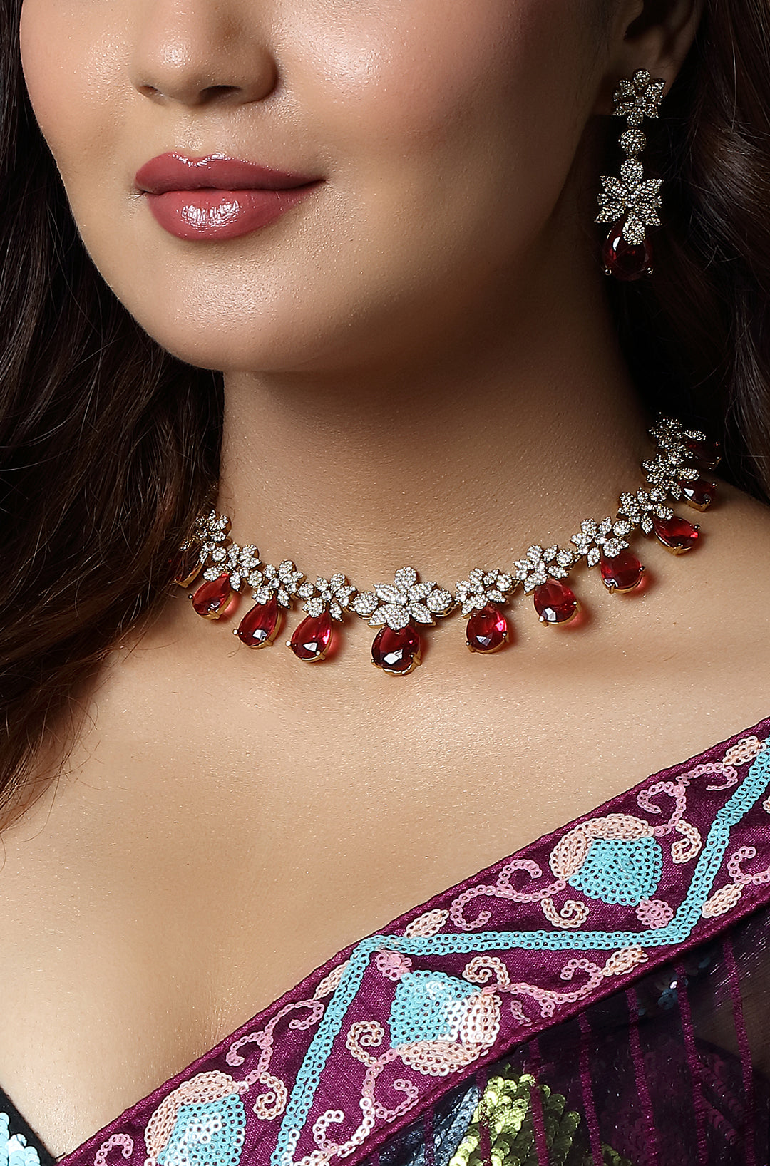 Crimson Bloom Diamond-Style Necklace Set