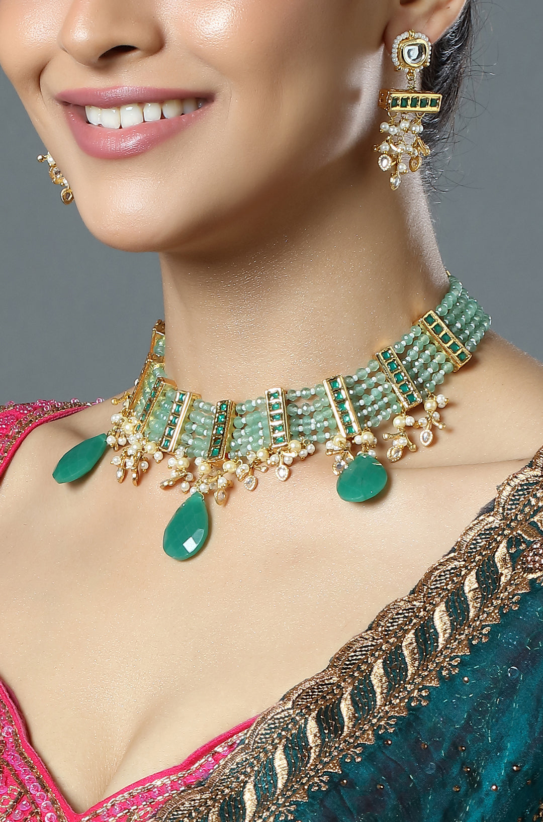 Mint Emerald Beaded Drop Choker Set