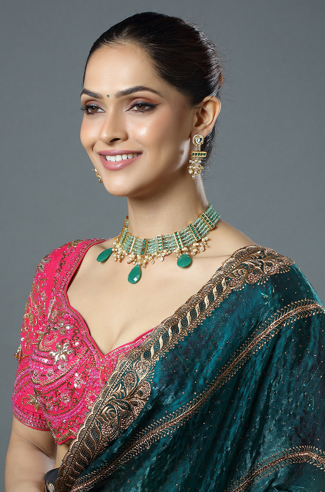 Mint Emerald Beaded Drop Choker Set