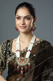 Ivory Pearl Rani Haar with Ruby Kundan Pendant