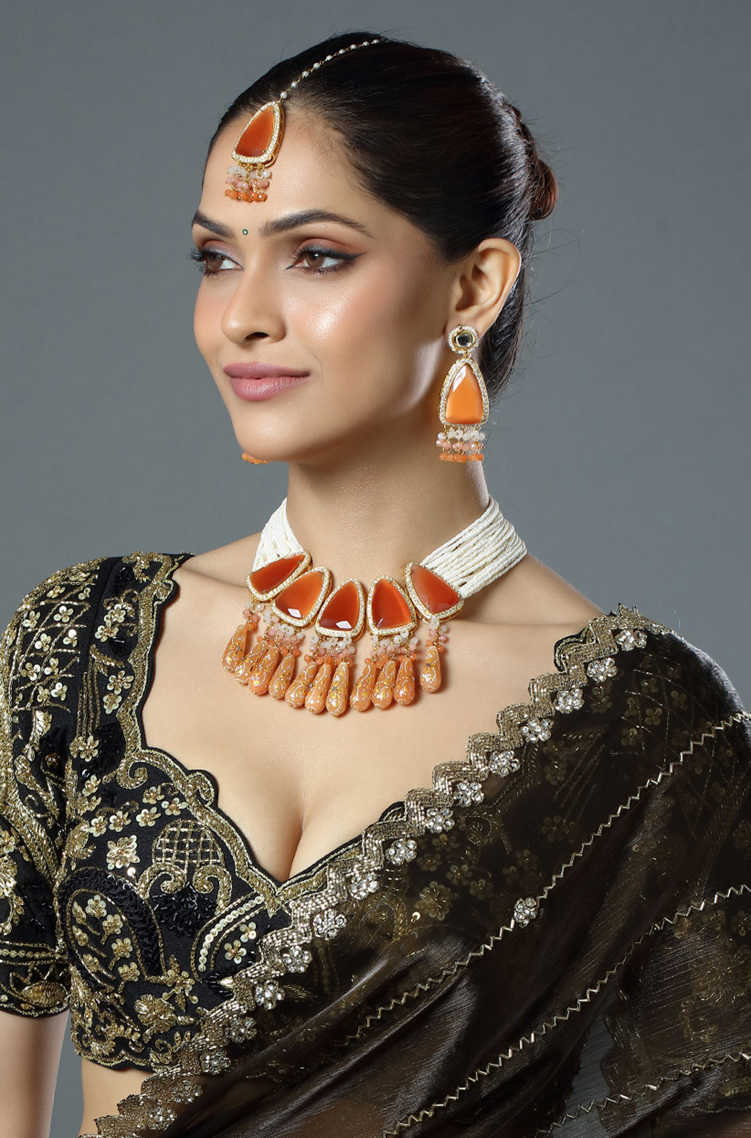 Tangerine Statement Choker Set with Maang Tikka