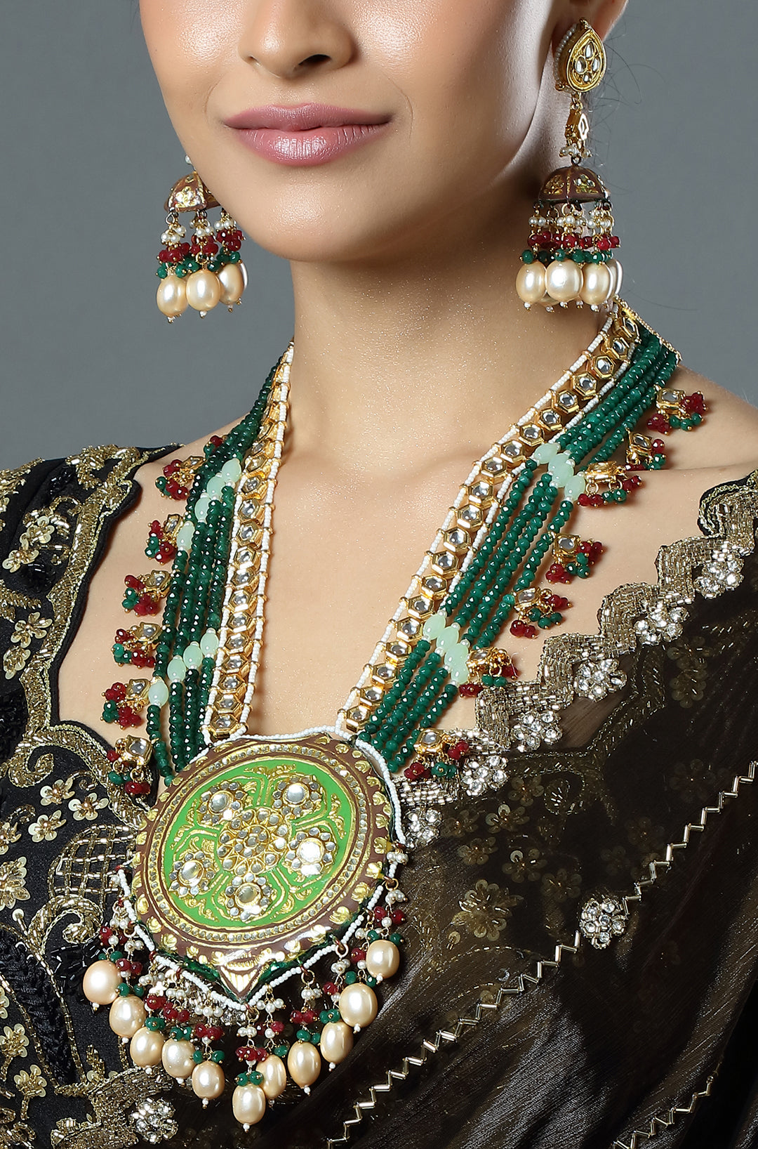 Emerald Meenakari Rani Haar with Kundan Pendant