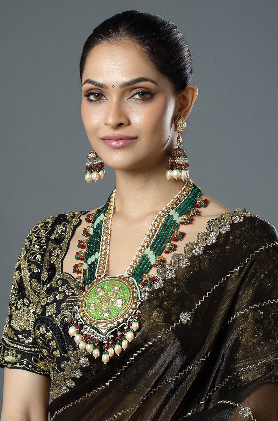 Emerald Meenakari Rani Haar with Kundan Pendant