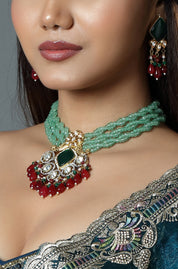 Mint Beaded Kundan Pendant Choker Set