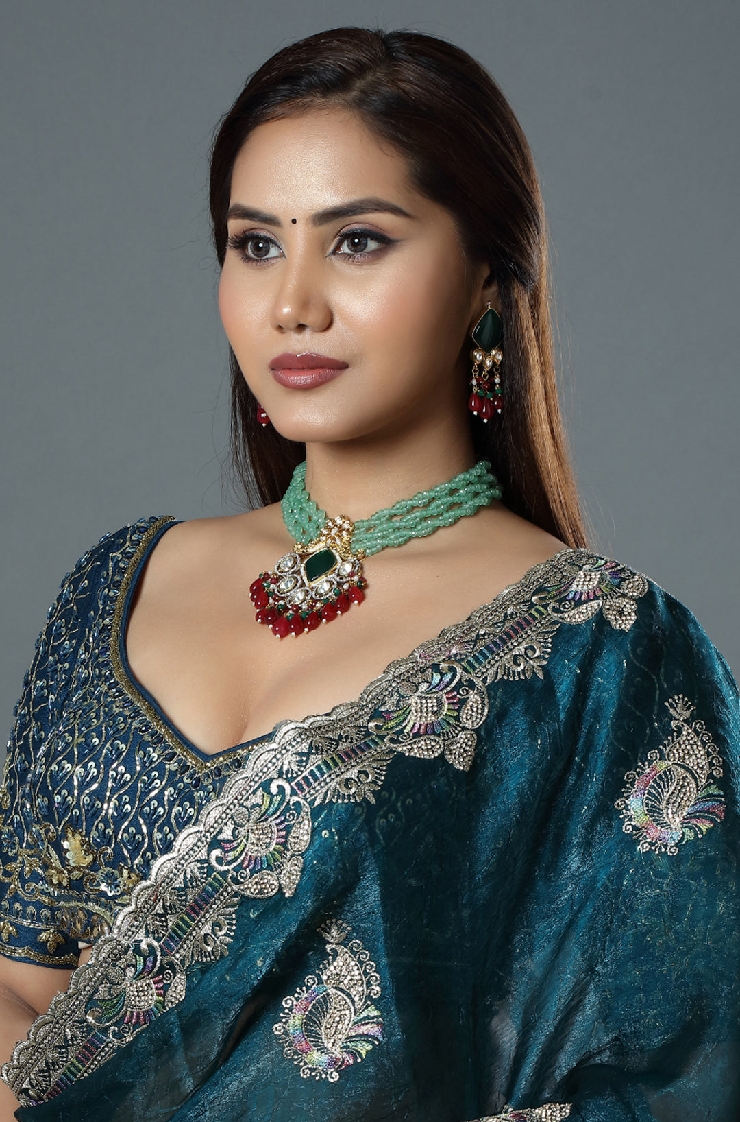 Mint Beaded Kundan Pendant Choker Set
