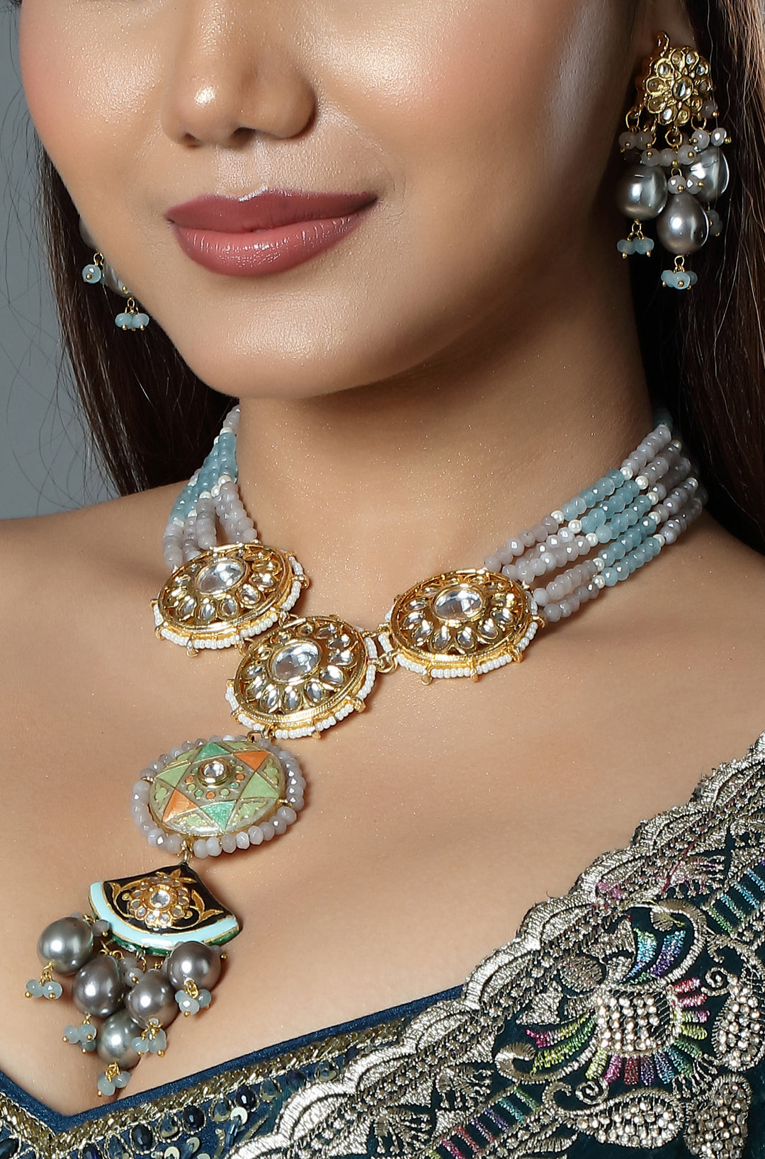 Powder Blue Kundan Pendant Choker Set