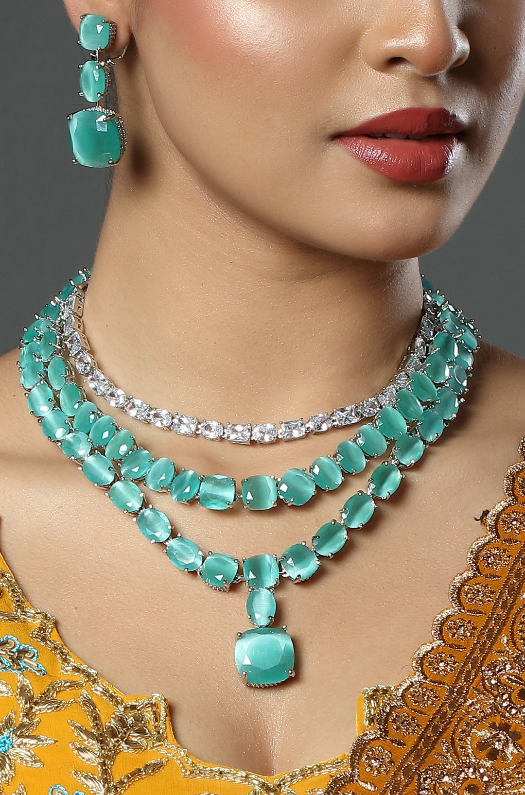 Aqua Crystal Cascade Necklace Set