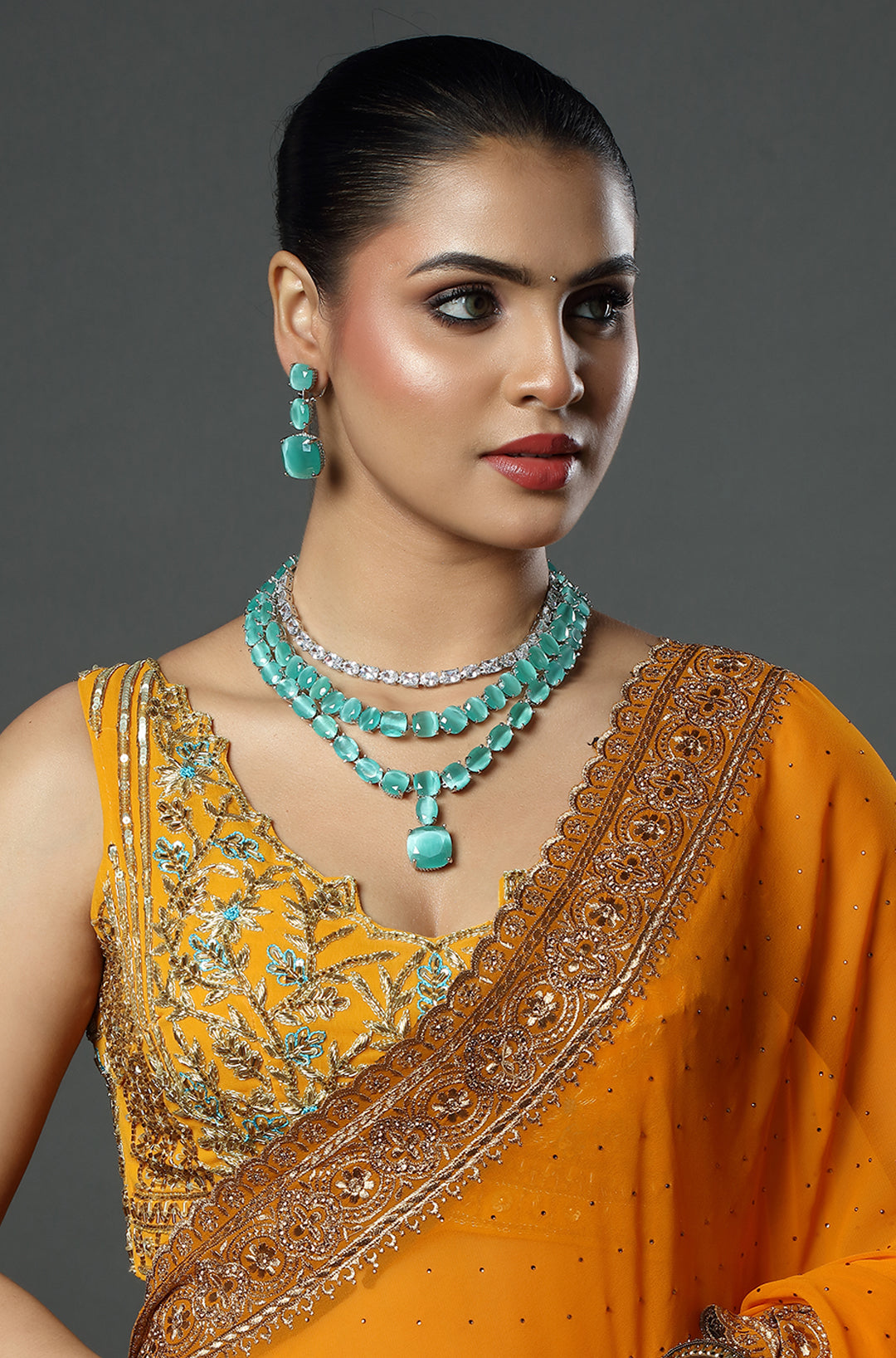 Aqua Crystal Cascade Necklace Set