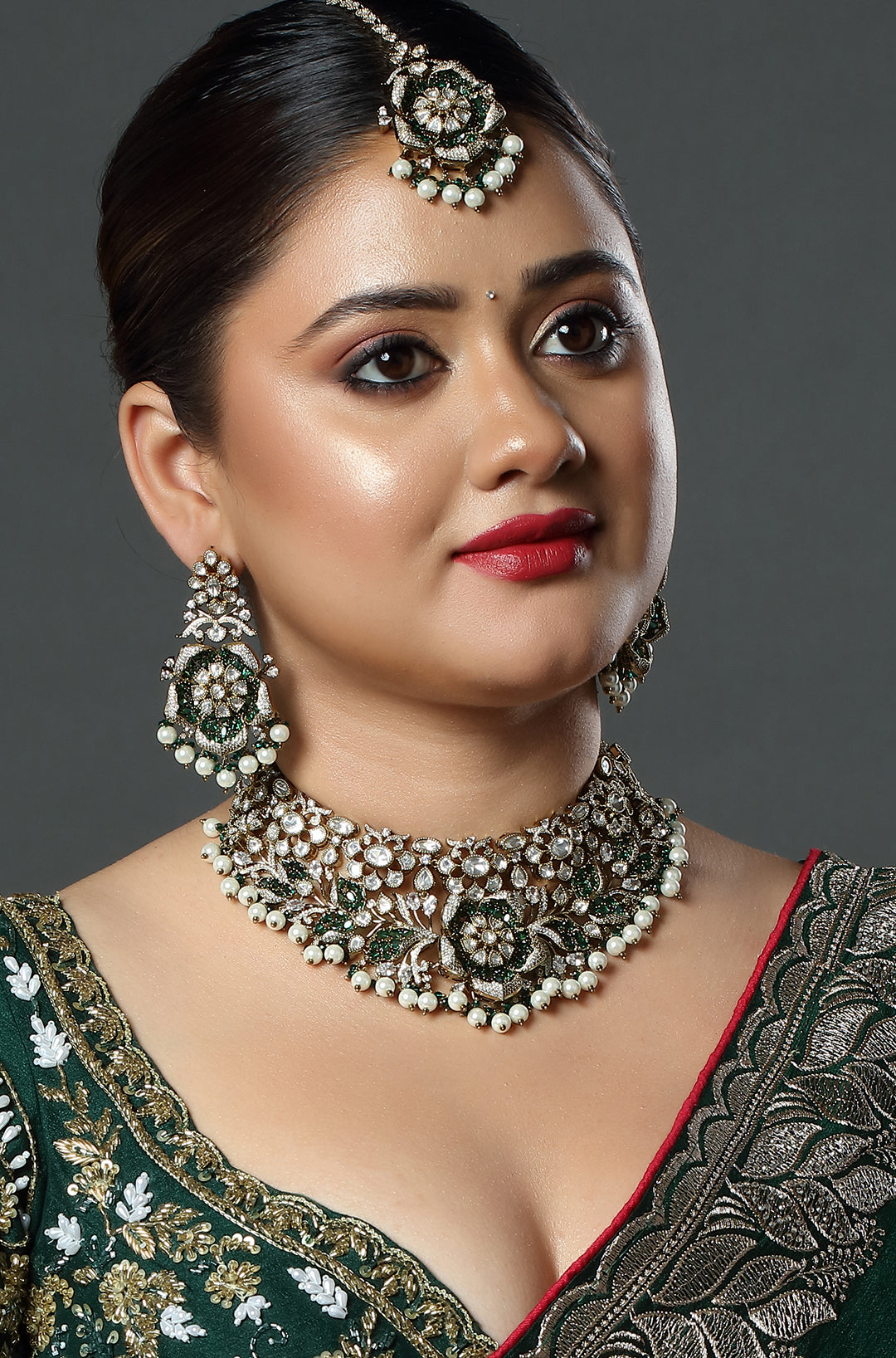 Emerald Pearl Floral Polki Choker Set