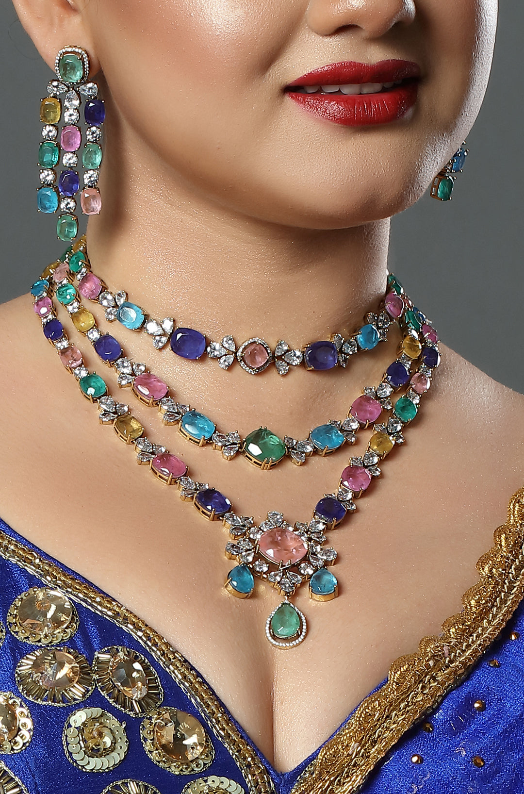Pastel Navratna Layered Necklace Set