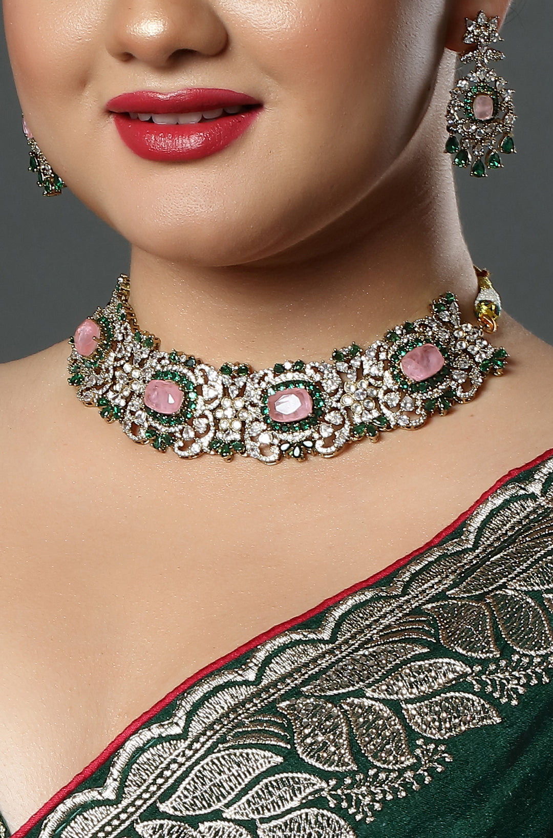 Blush Emerald Floral Polki Choker Set
