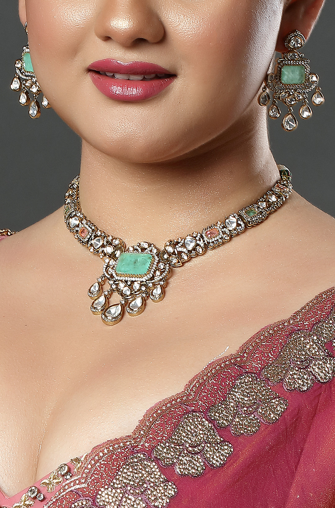 Mint Polki Drop Choker Set