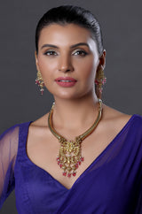 Antique Temple Lakshmi Pendant Necklace with Ruby Beads