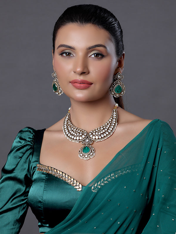 Kundan and Diamond Necklace Set with Emeralds