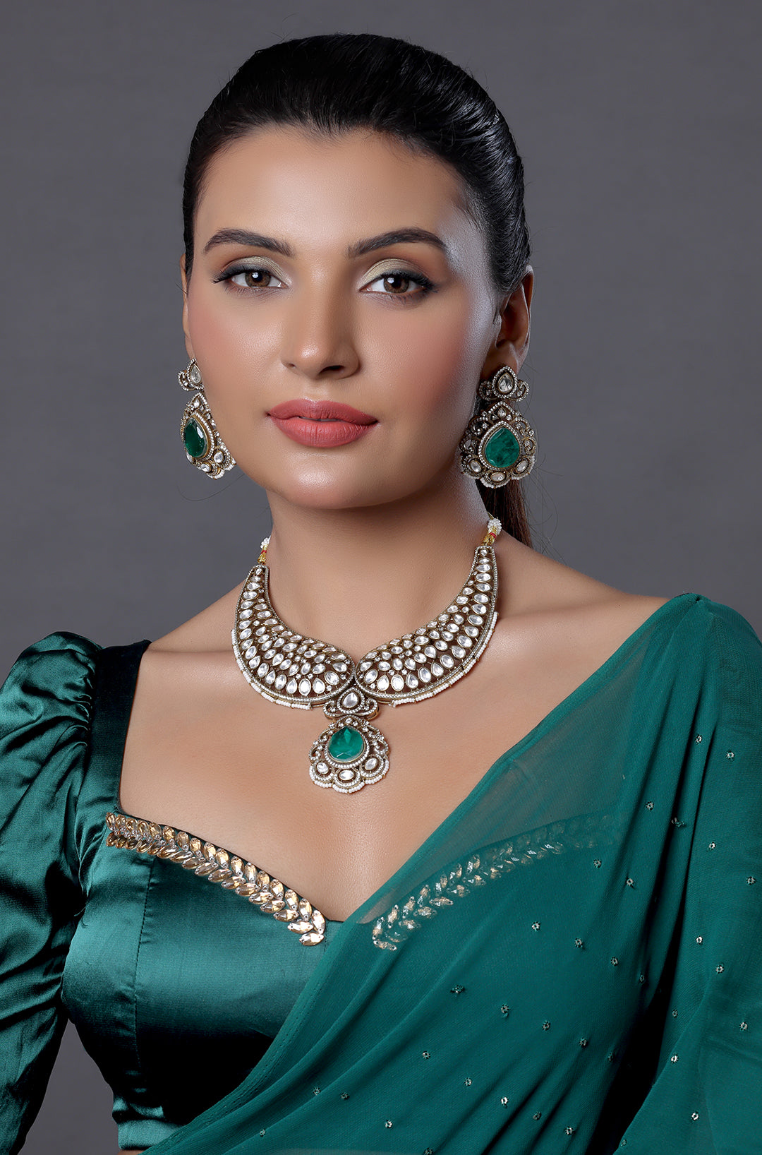Kundan and Diamond Necklace Set with Emeralds