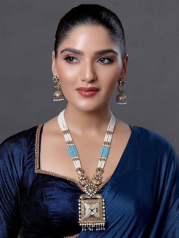 Ivory & Aqua Beaded Heritage Pendant Necklace Set