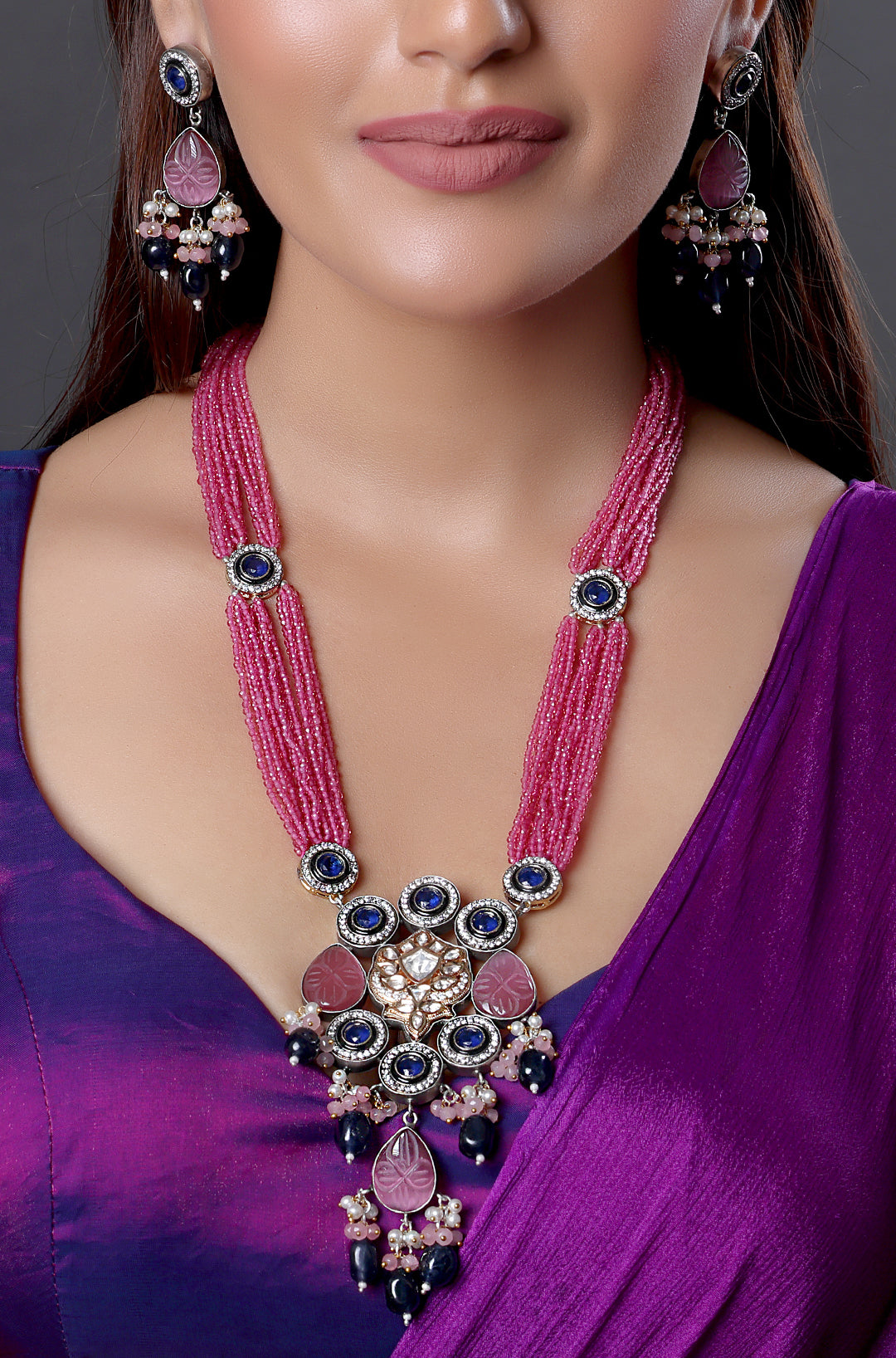 Multi-Layer Ruby Beaded Statement Necklace Set