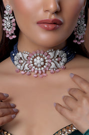 Blush Floral Diamond Choker with Pink Bead Drops