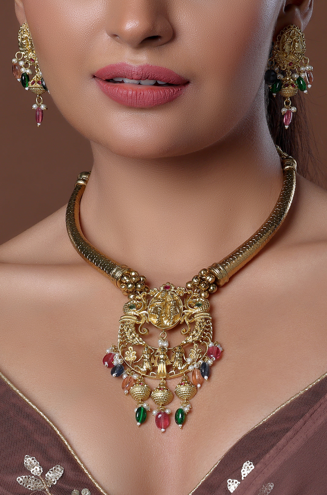 Antique Temple Gold Collar Necklace with Lakshmi Motif