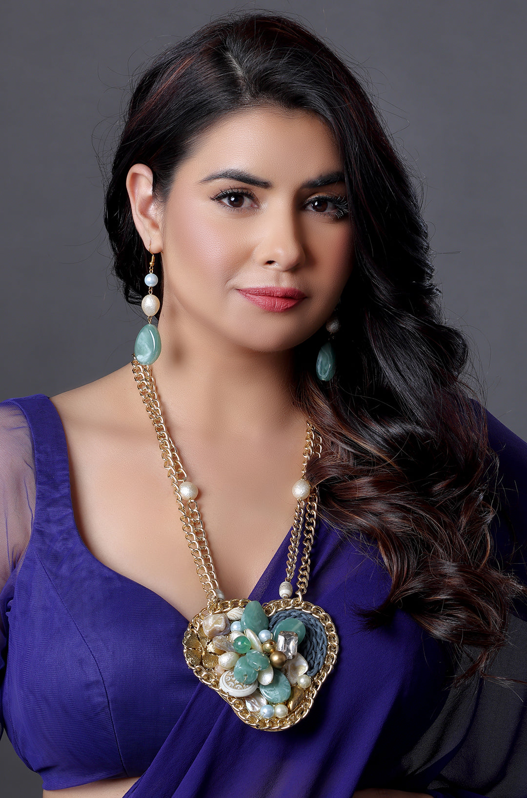 Ocean Muse Sea-Blue Stone Long Necklace Set with Fancy Bead Chain