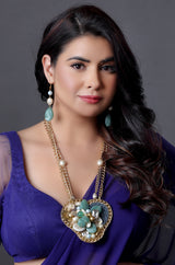 Ocean Muse Sea-Blue Stone Long Necklace Set with Fancy Bead Chain