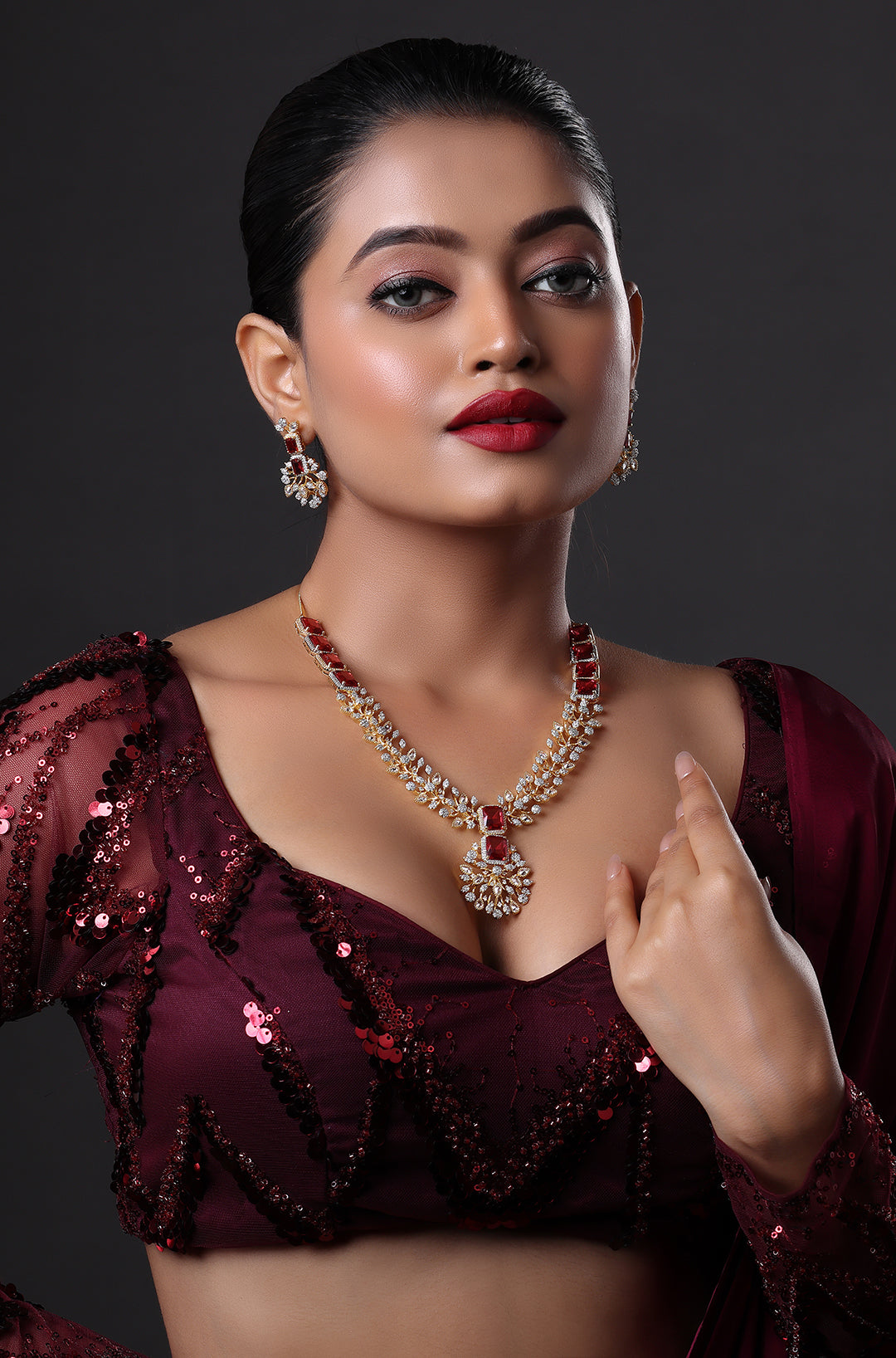 Gold Finish Zircon & Red Stone Necklace