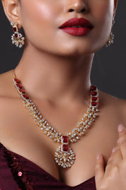 Gold Finish Zircon & Red Stone Necklace