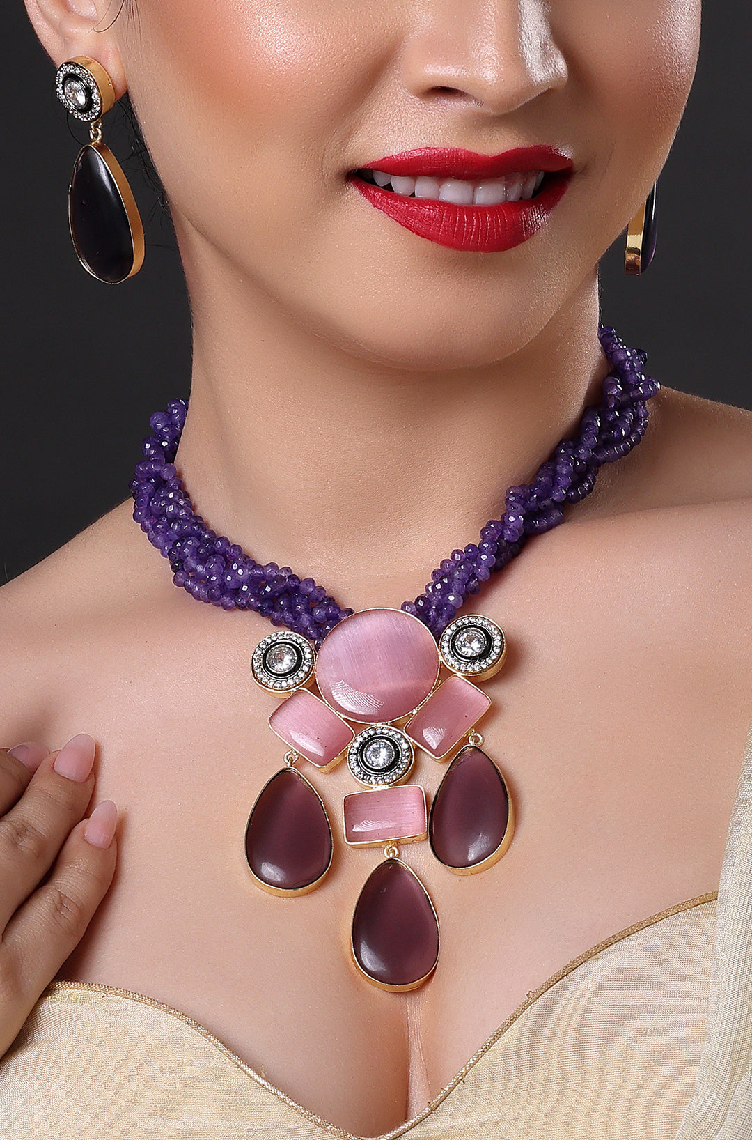 Purple Jade & Rose Pink Stone Necklace