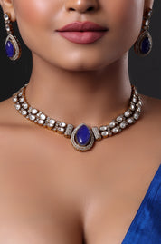 Sapphire Stone Choker Necklace Set with Polki Detailing