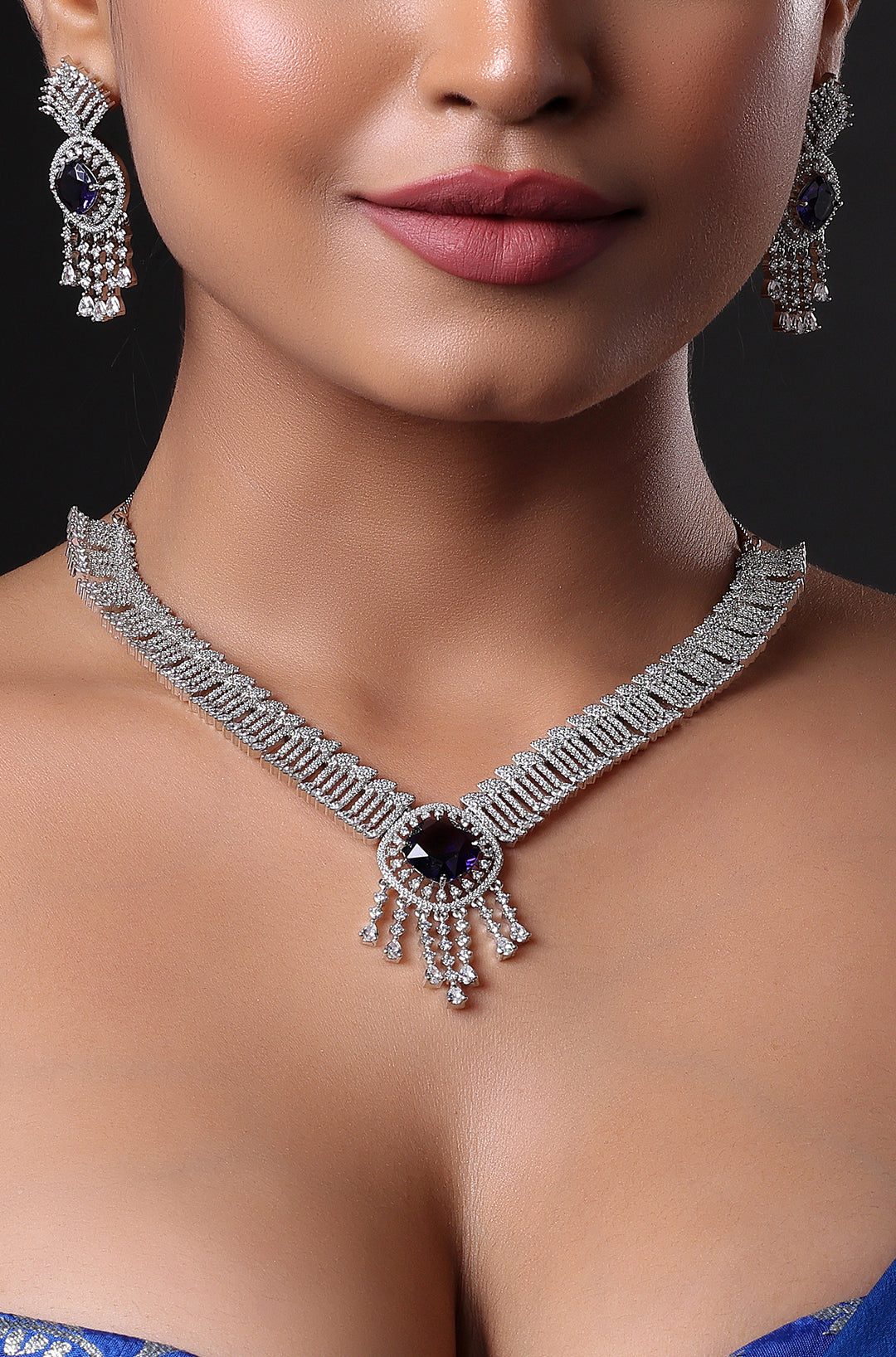 Dark Purple and White CZ Cutwork Design Necklace