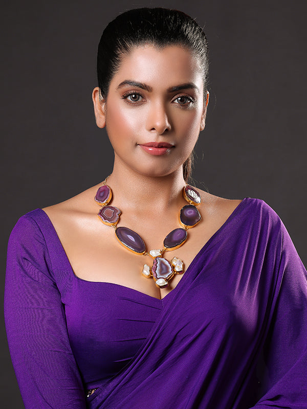 Purple Agate & White Stone Gold Plated Necklace