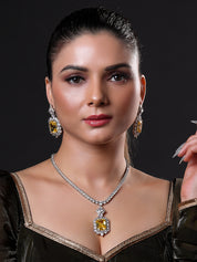 Rhodium Plated Premium White and Yellow Zircons Studded Statement Necklace