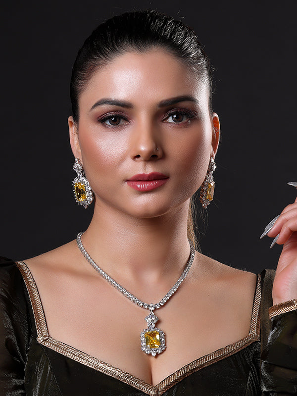 Rhodium Plated Premium White and Yellow Zircons Studded Statement Necklace