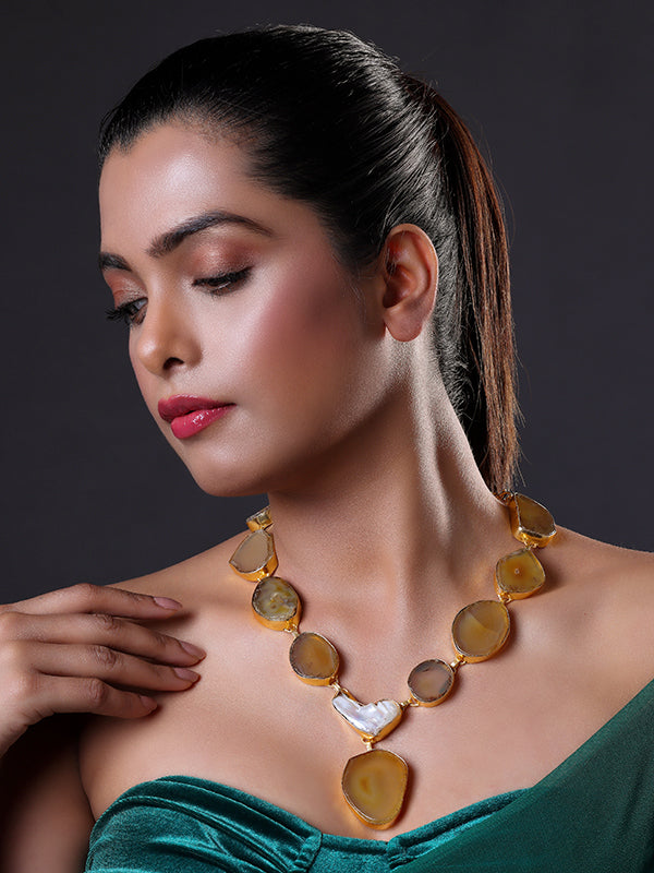 Yellow Agate & White Stone Gold Plated Necklace