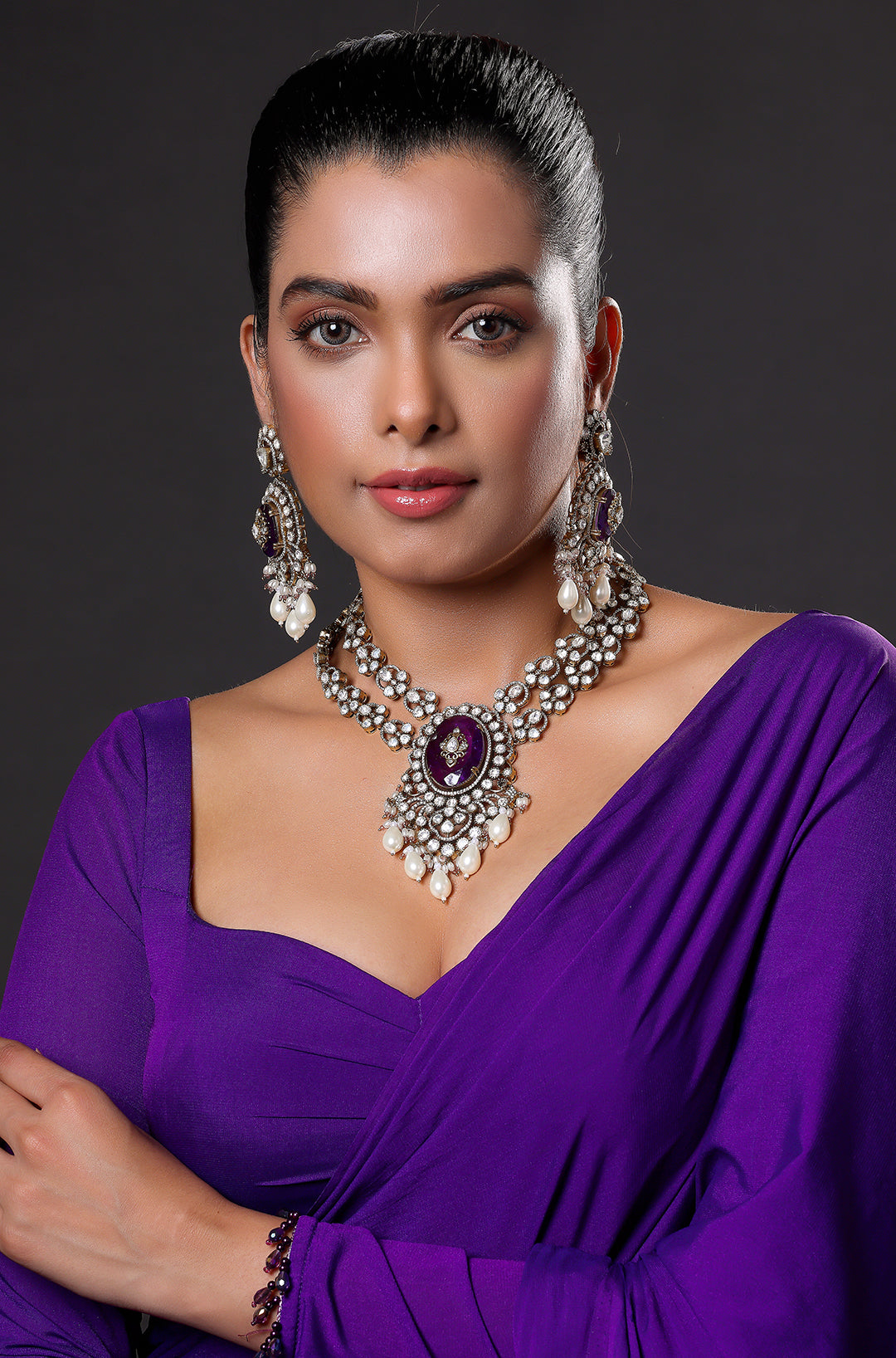 Purple Stone Victorian Kundan & Pearl Necklace
