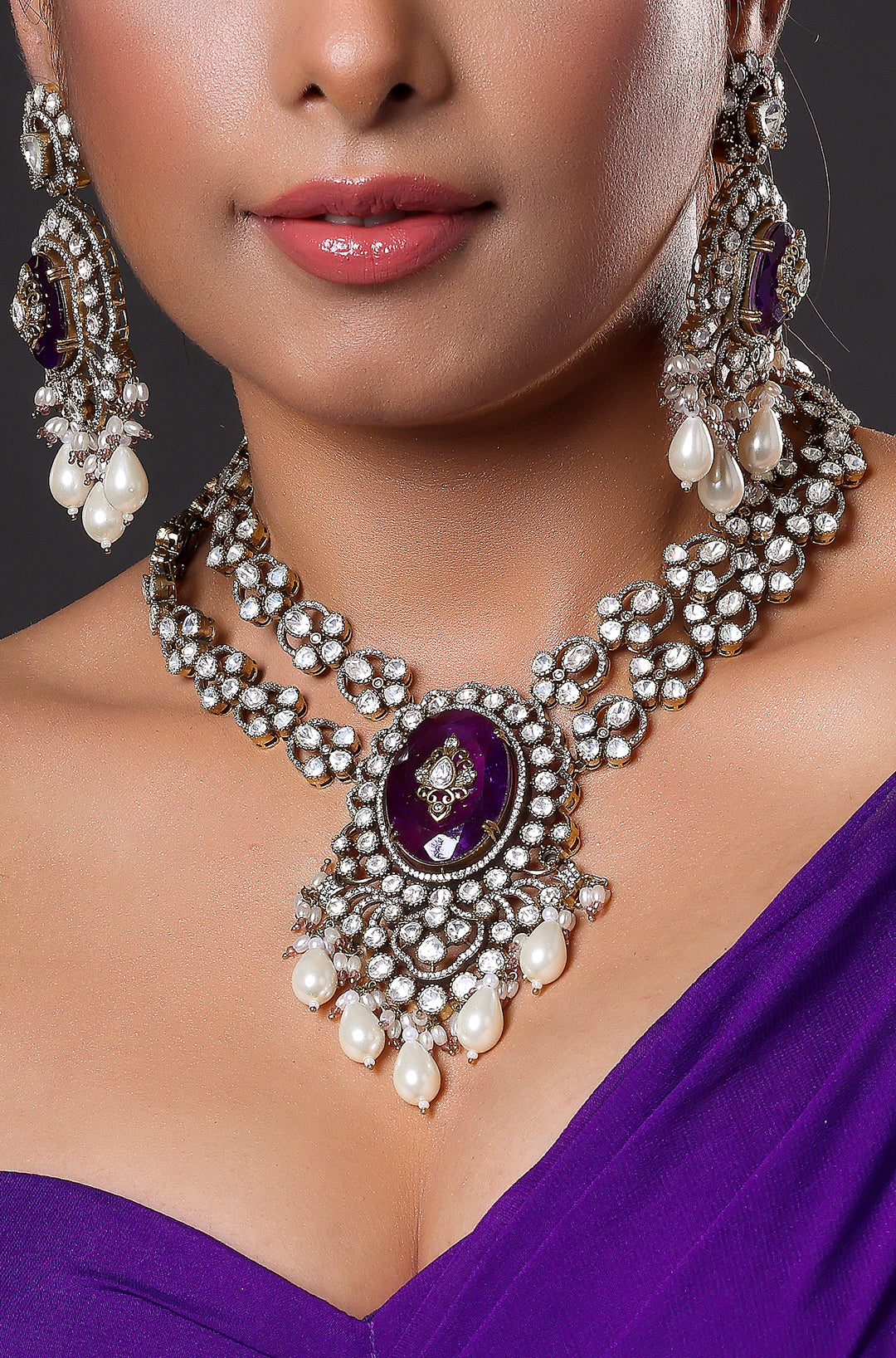 Purple Stone Victorian Kundan & Pearl Necklace