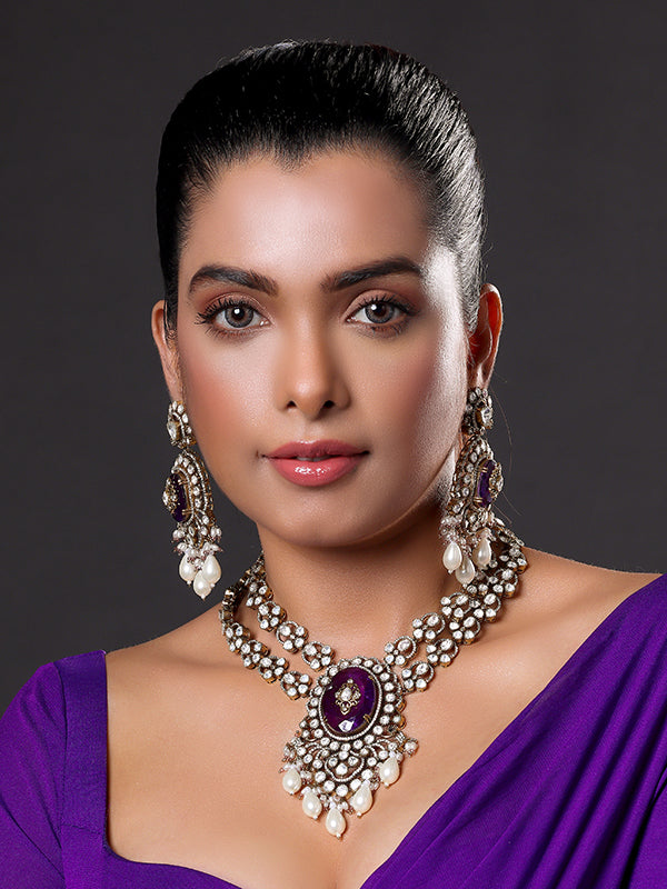 Purple Stone Victorian Kundan & Pearl Necklace