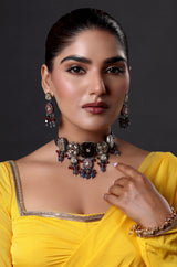 Gold Finish Natural Carved Stone Meenakari Choker Necklace