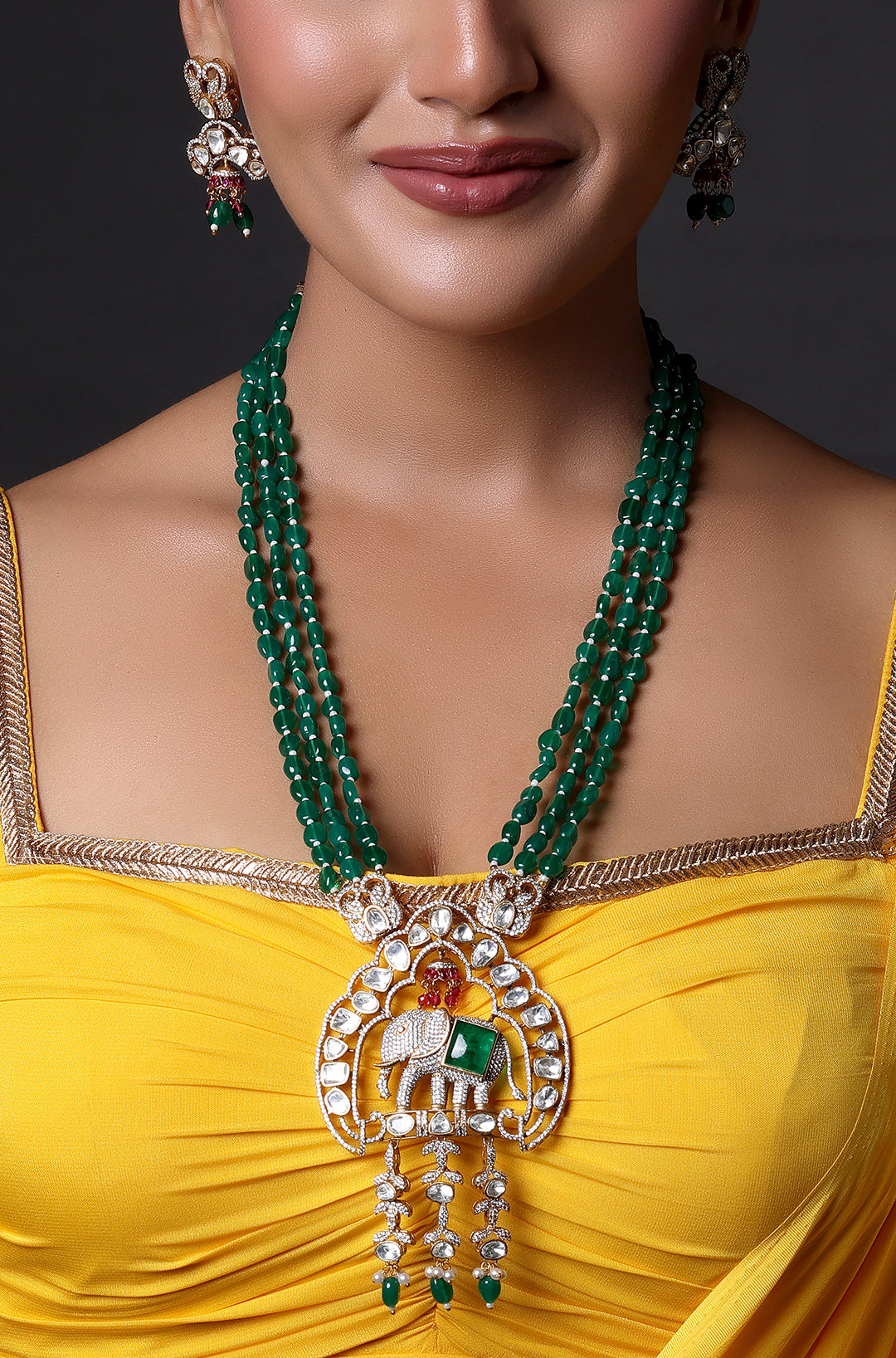 Elephant Pendant Gold Finish Emerald Beaded Layered Necklace