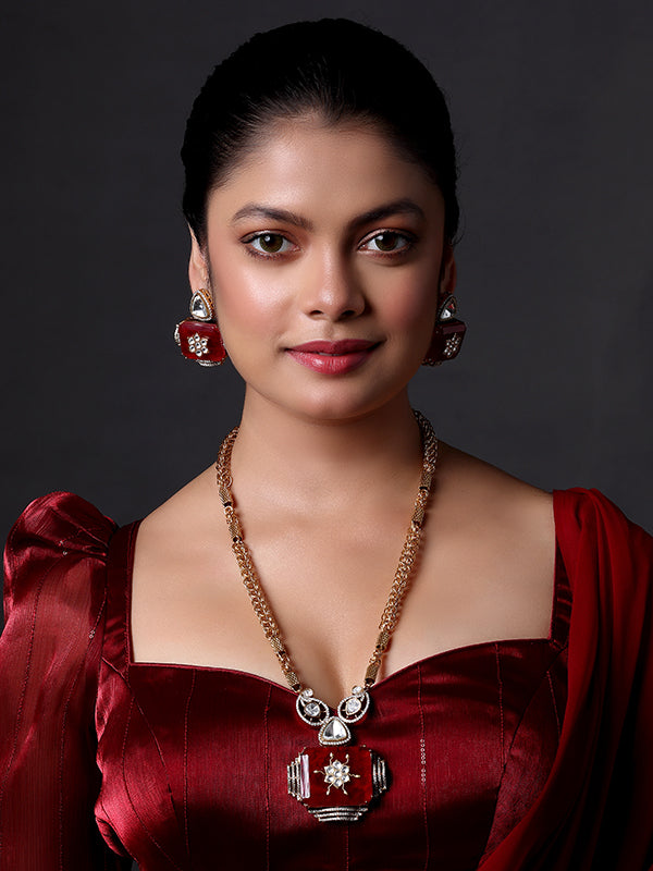 Gold Finish Kundan & Ruby Red Stone Meenakari Necklace
