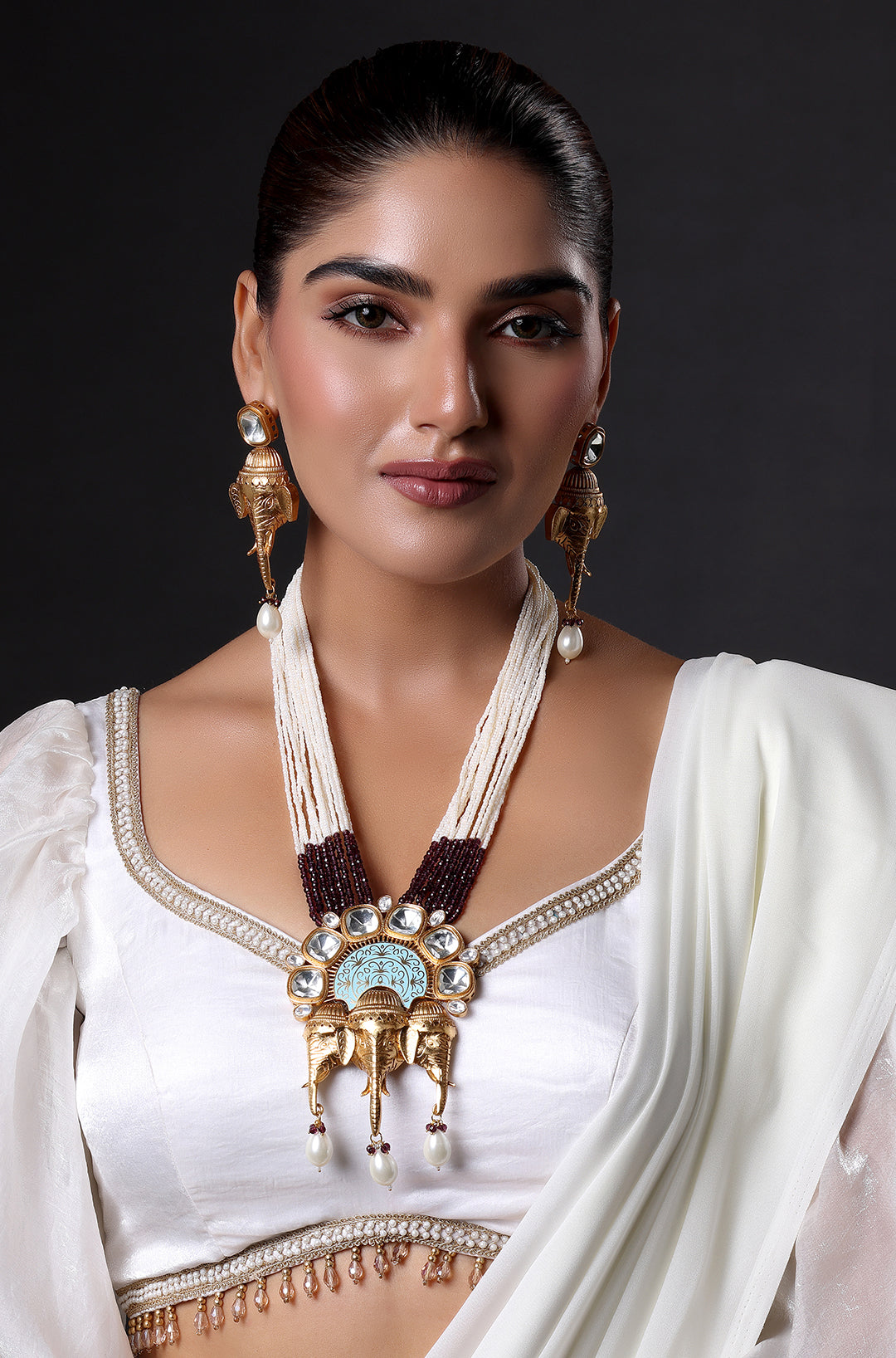 Ganesh Mukha Pendant with Pearl & White Beads Necklace